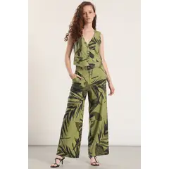 LIOLA - Pantalón ancho lino estampado mujer verde