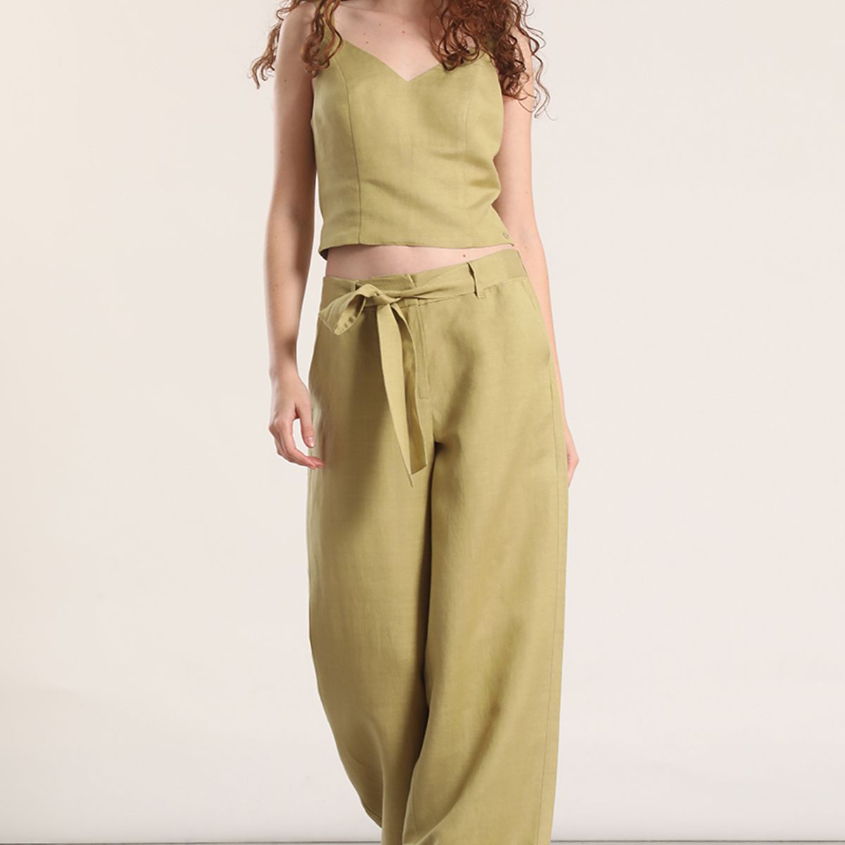 LIOLA - Pantalón ancho lino liola mujer verde