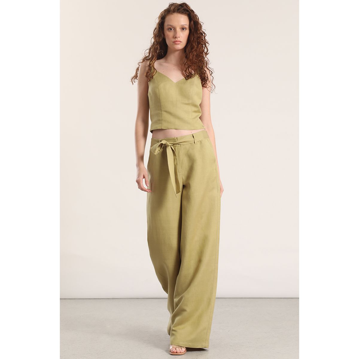 LIOLA - Pantalón ancho lino liola mujer verde