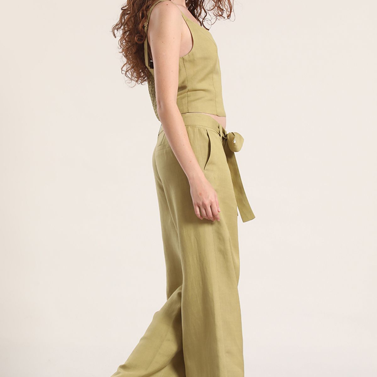 LIOLA - Pantalón ancho lino liola mujer verde