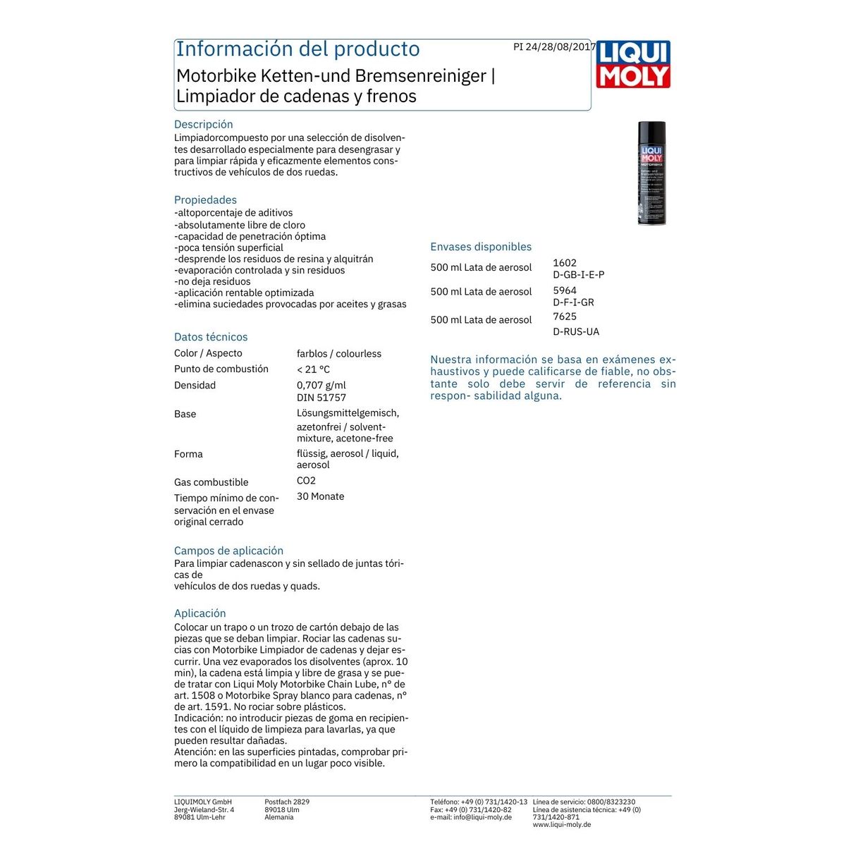 LIQUI MOLY - Limpiador de Cadena y Frenos de Moto Liqui Moly 500 Ml.