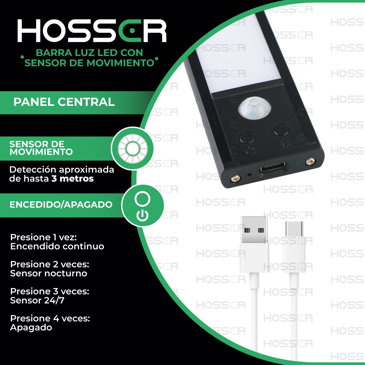 HOSSER - Aplique pared Luz Led Hosser Barra Portatil Sensor de Movimiento 30cm
