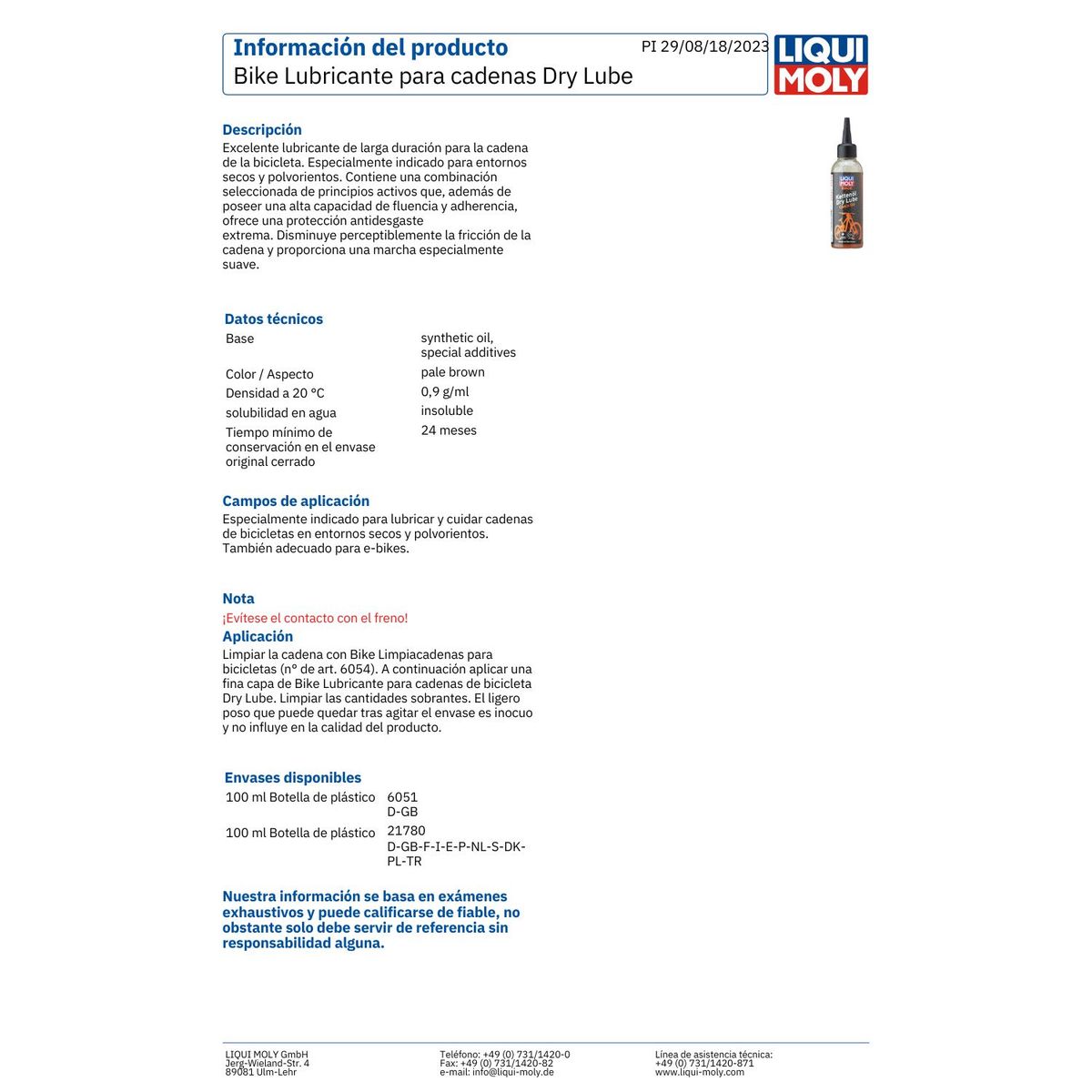 LIQUI MOLY - Lubricante Cadenas Bicicleta Ambiente Seco Liqui Moly