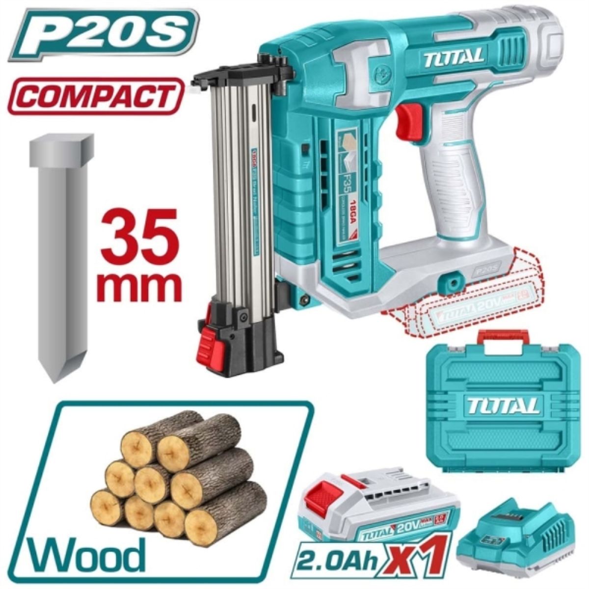 TOTAL - Clavadora 20v + 1 bateria + cargador  f15-f35 mm