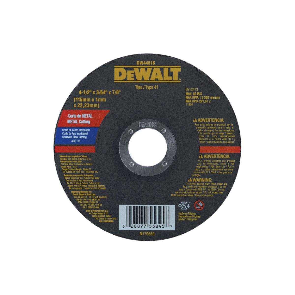 DEWALT - Pack 10 Disco Corte Metal 115mm 4 1/2 X 1 Mm Dewalt-dw44618 Negro