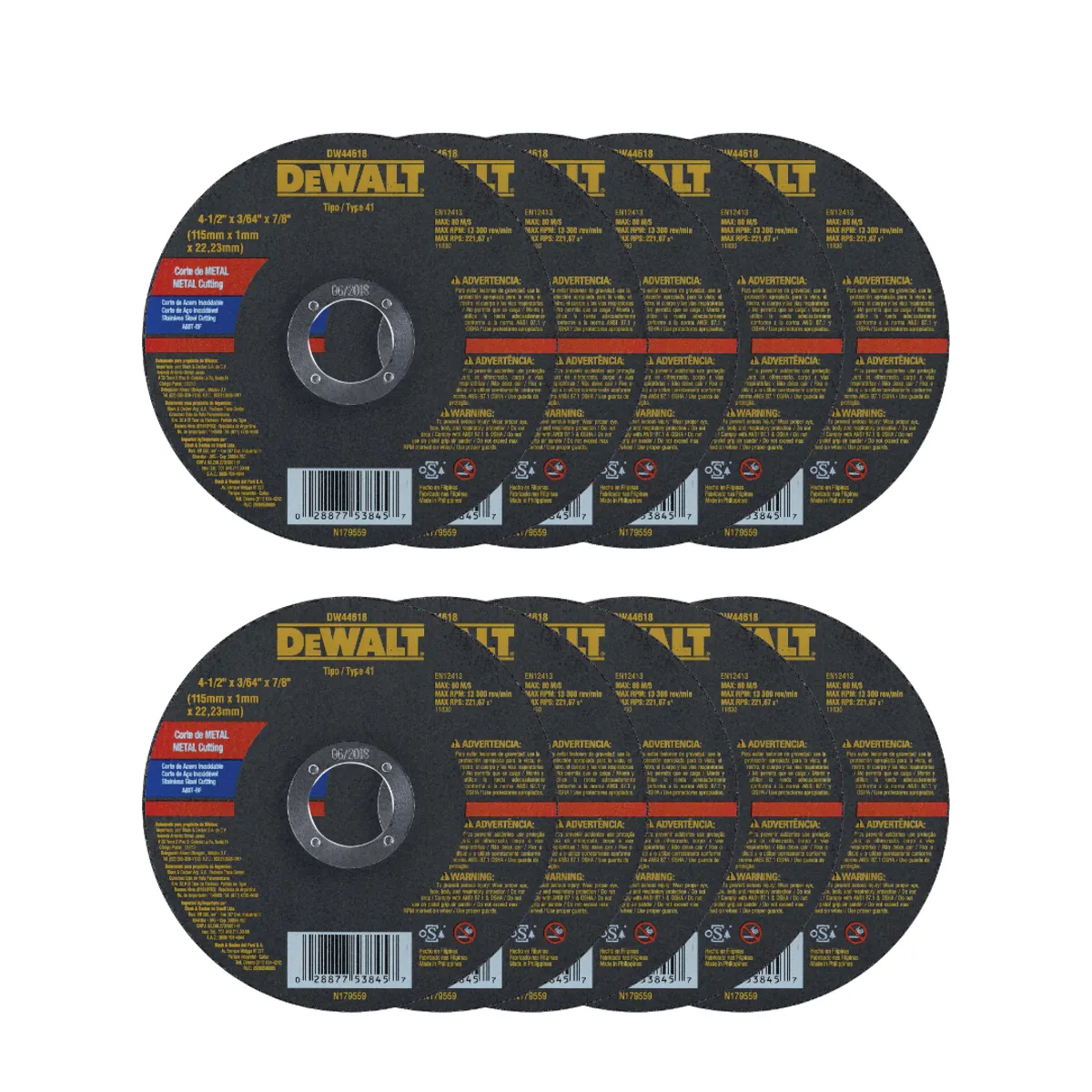 DEWALT - Pack 10 Disco Corte Metal 115mm 4 1/2 X 1 Mm Dewalt-dw44618 Negro