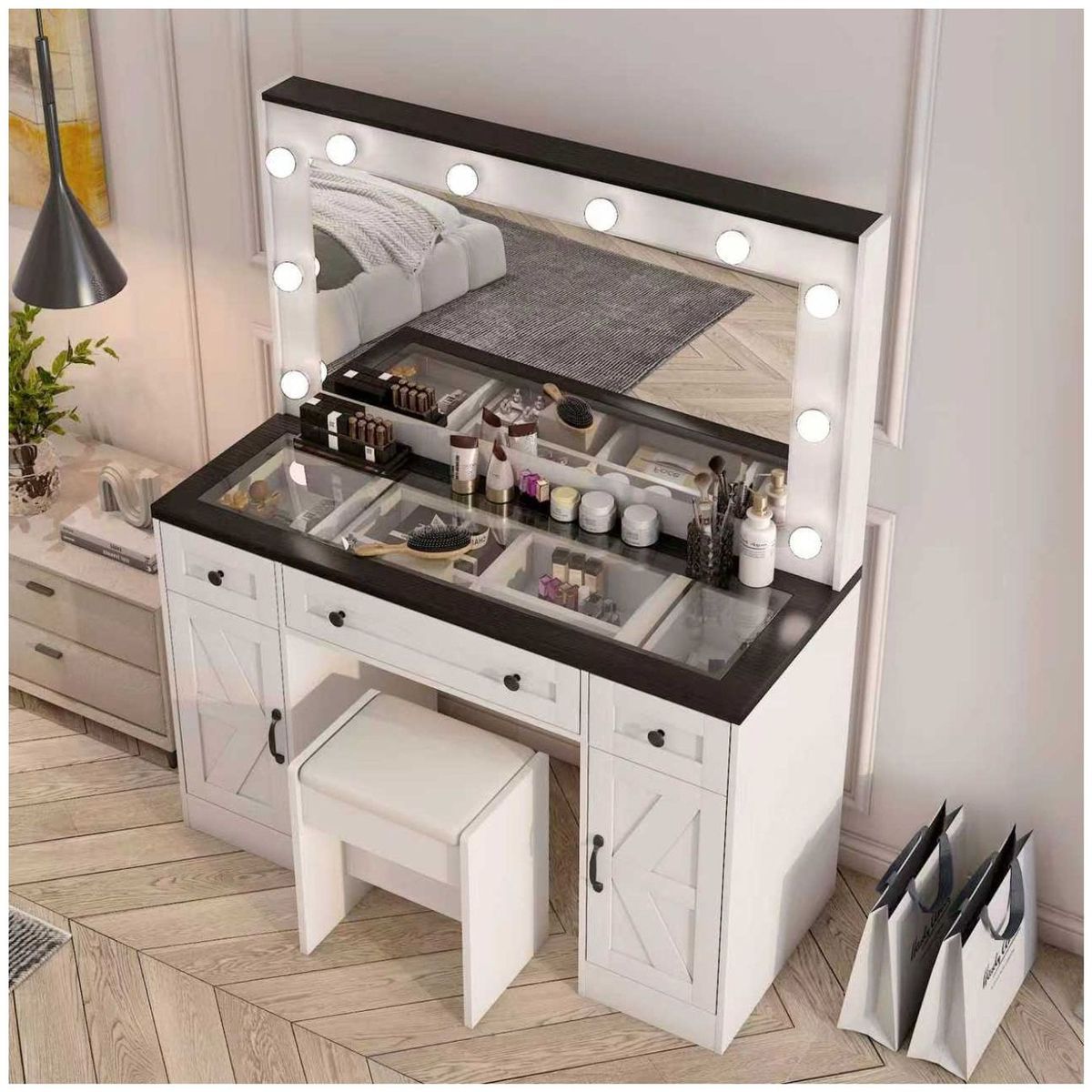 HOMER DESIGN - Tocador Con Luz Hollywood Europeo Mesa Con Vidrio Y Taburete