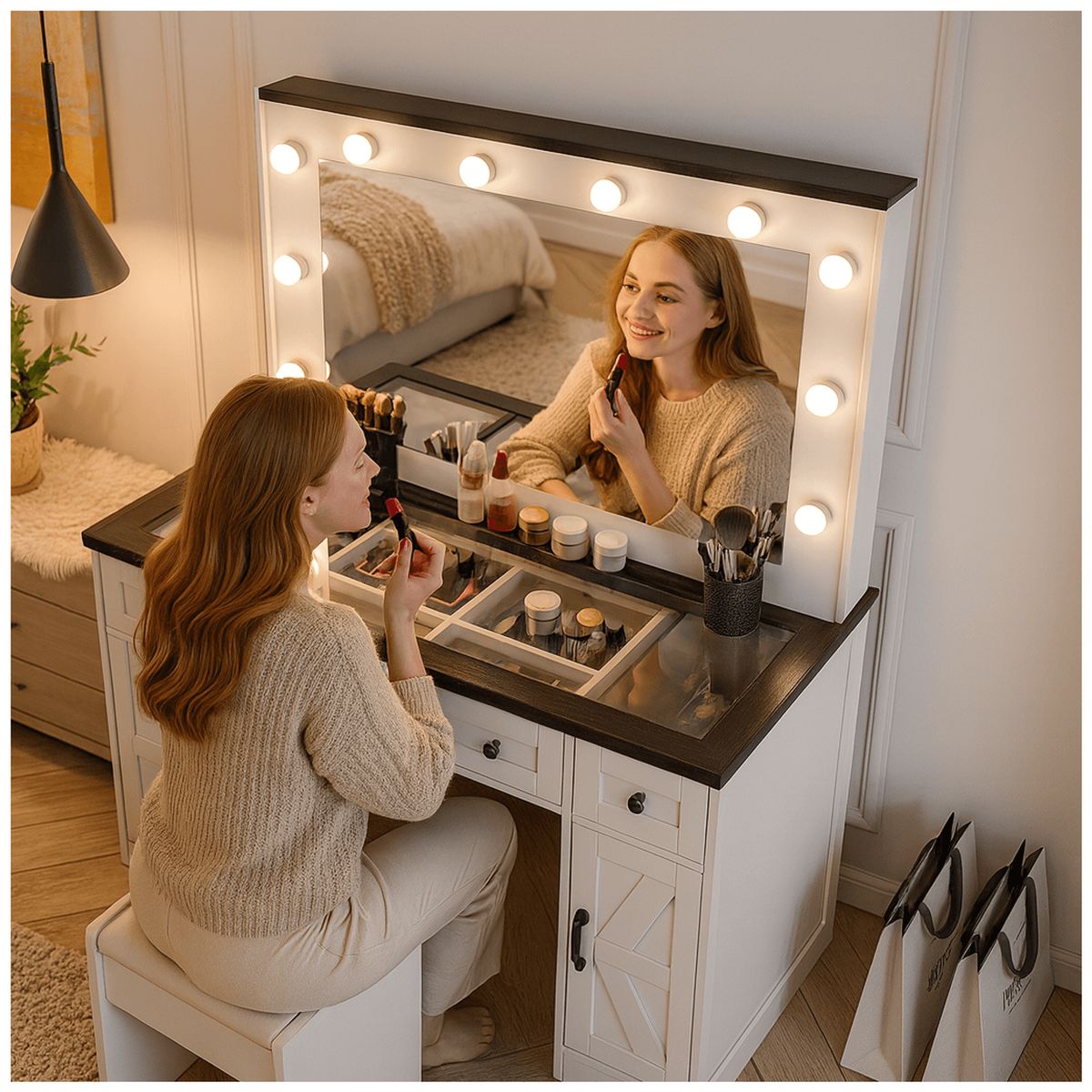 HOMER DESIGN - Tocador Con Luz Hollywood Europeo Mesa Con Vidrio Y Taburete