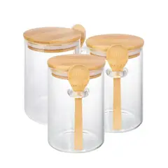 GENERICO - Set 3 Frascos Hermeticos 10cm Redondo Cuchara Tapa Bambú