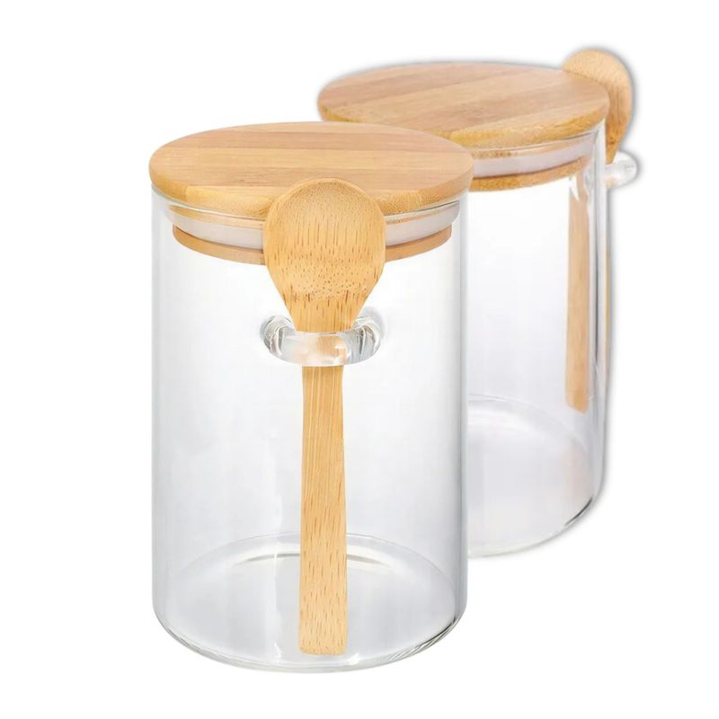 GENERICO - Set 2 Frascos Hermeticos 10cm Redondo Cuchara Tapa Bambú