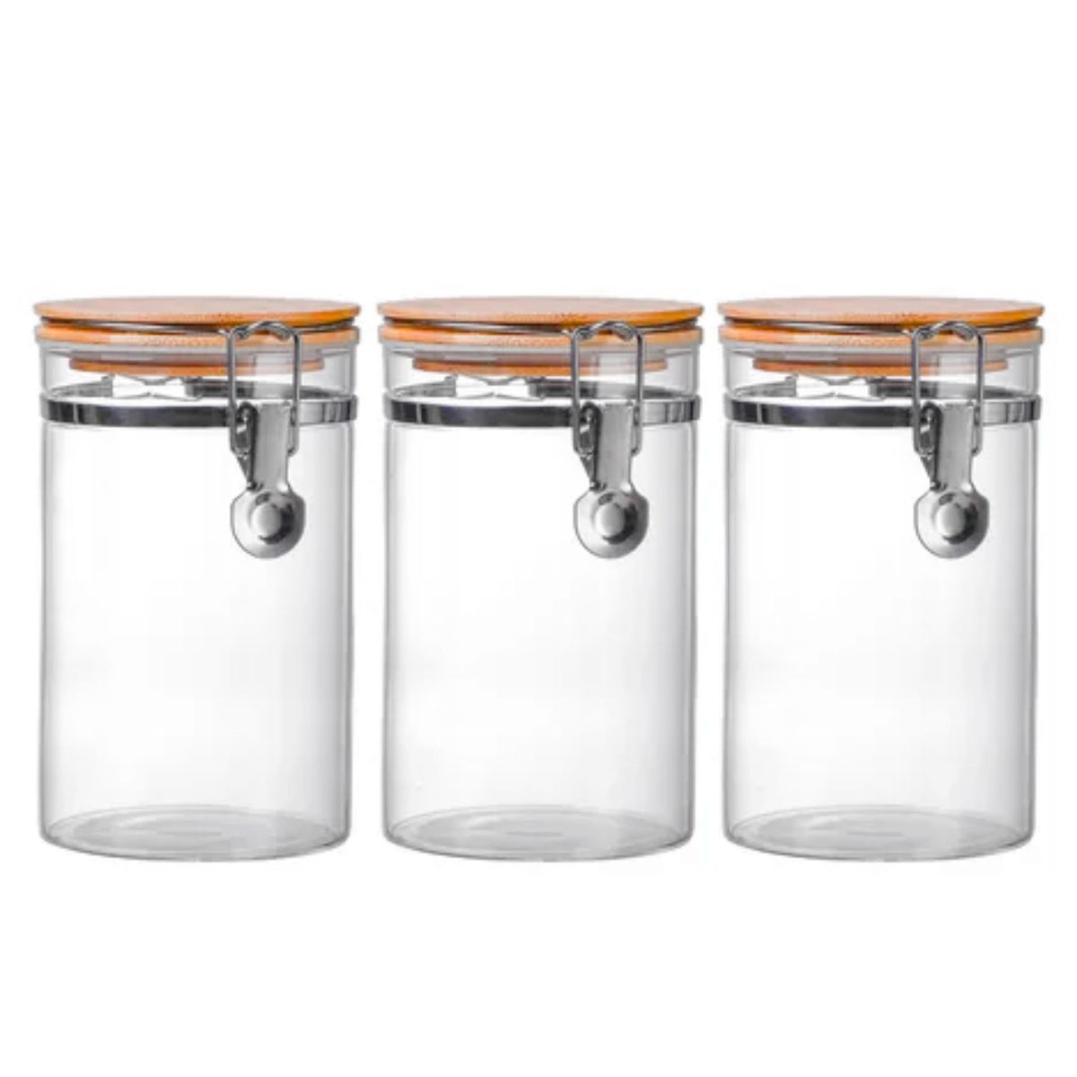 GENERICO - Set 3 Frascos Tarro Hermetico Vidrio 350mL Con Tapa De Bambu