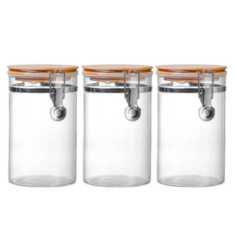 GENERICO - Set 3 Frascos Tarro Hermetico Vidrio 350mL Con Tapa De Bambu