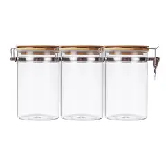 GENERICO - Set 3 Frascos Tarro Hermetico Vidrio 480mL Con Tapa De Bambu