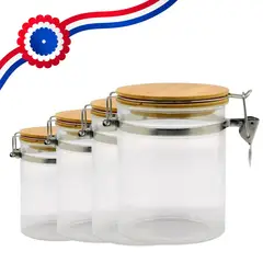 GENERICO - Set 4 Frascos Contenedores Hermeticos Vidrio Con Tapa Bambu