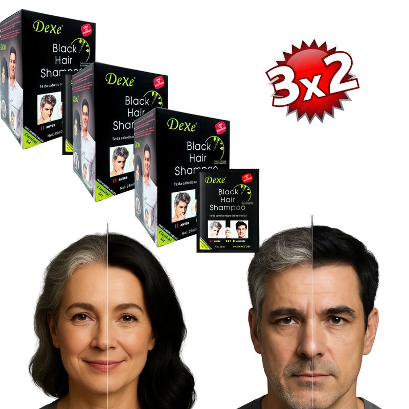 DEXE - Pack 3x2 Dexe Original Shampoo Tinte Cubre Canas Profesional Negro