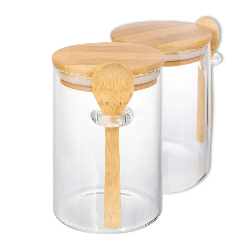 GENERICO - Set 2 Frascos Hermeticos 10cm Redondo Cuchara Tapa Bambú