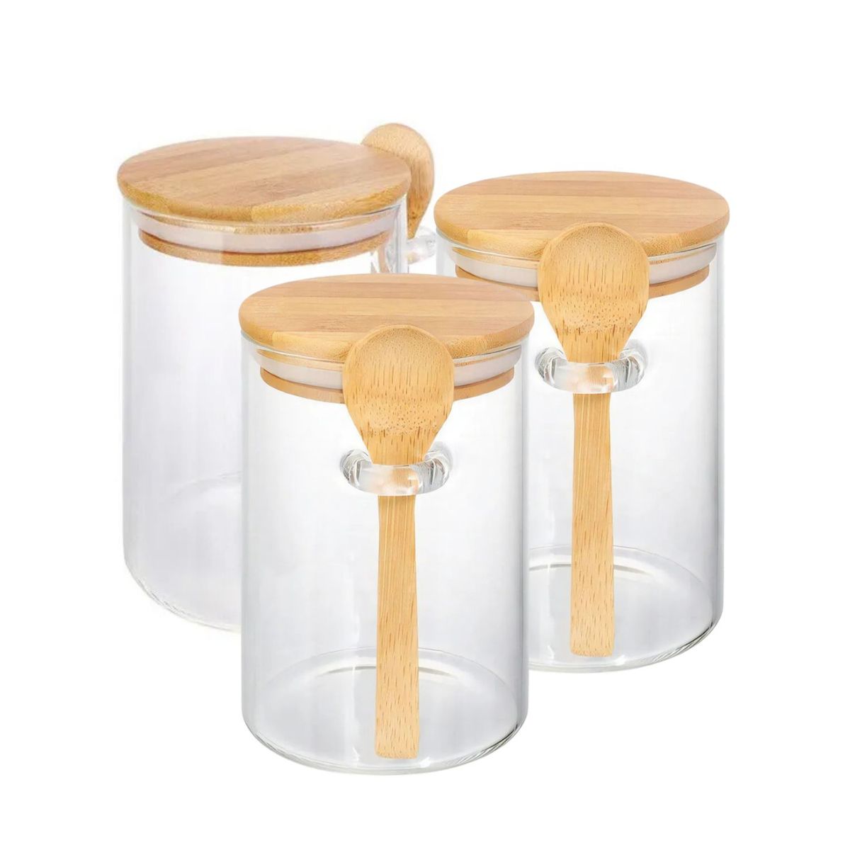 GENERICO - Set 3 Frascos Hermeticos 10cm Redondo Cuchara Tapa Bambú
