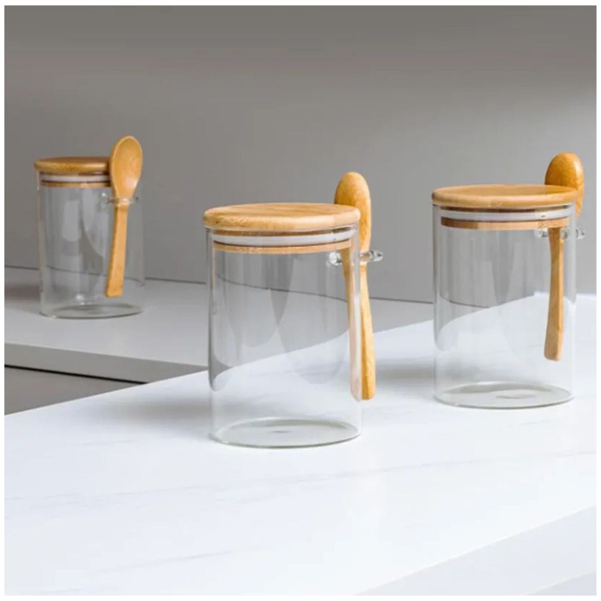 GENERICO - Set 3 Frascos Hermeticos 10cm Redondo Cuchara Tapa Bambú