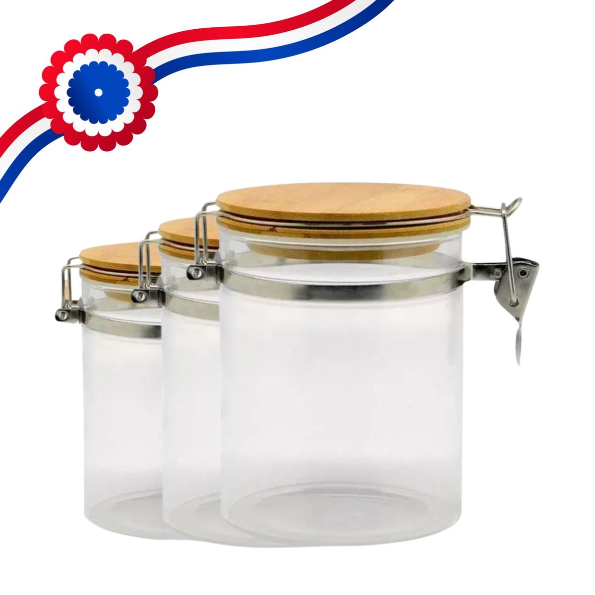 GENERICO - Set 3 Frascos Contenedores Hermeticos Vidrio Con Tapa Bambu