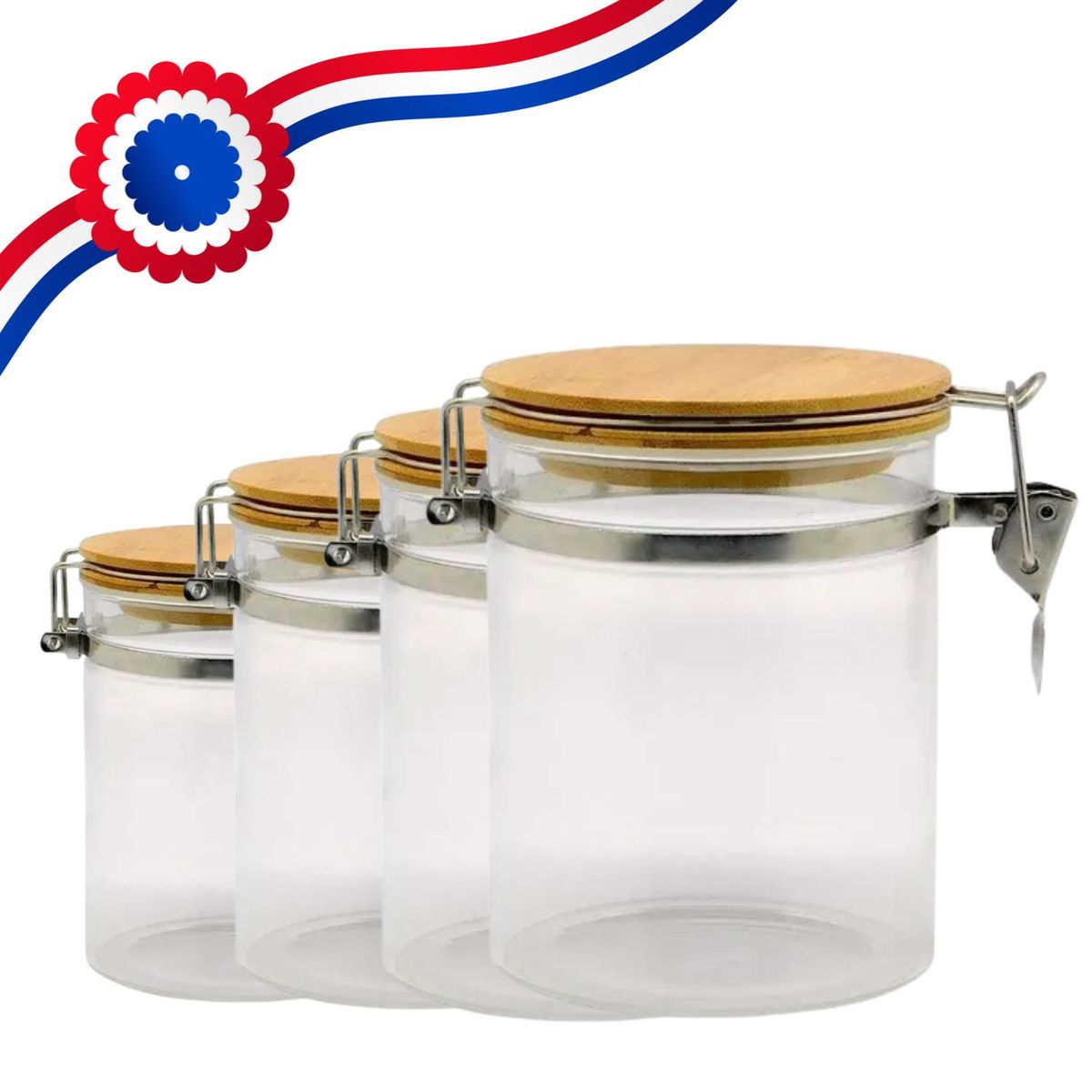 GENERICO - Set 4 Frascos Contenedores Hermeticos Vidrio Con Tapa Bambu