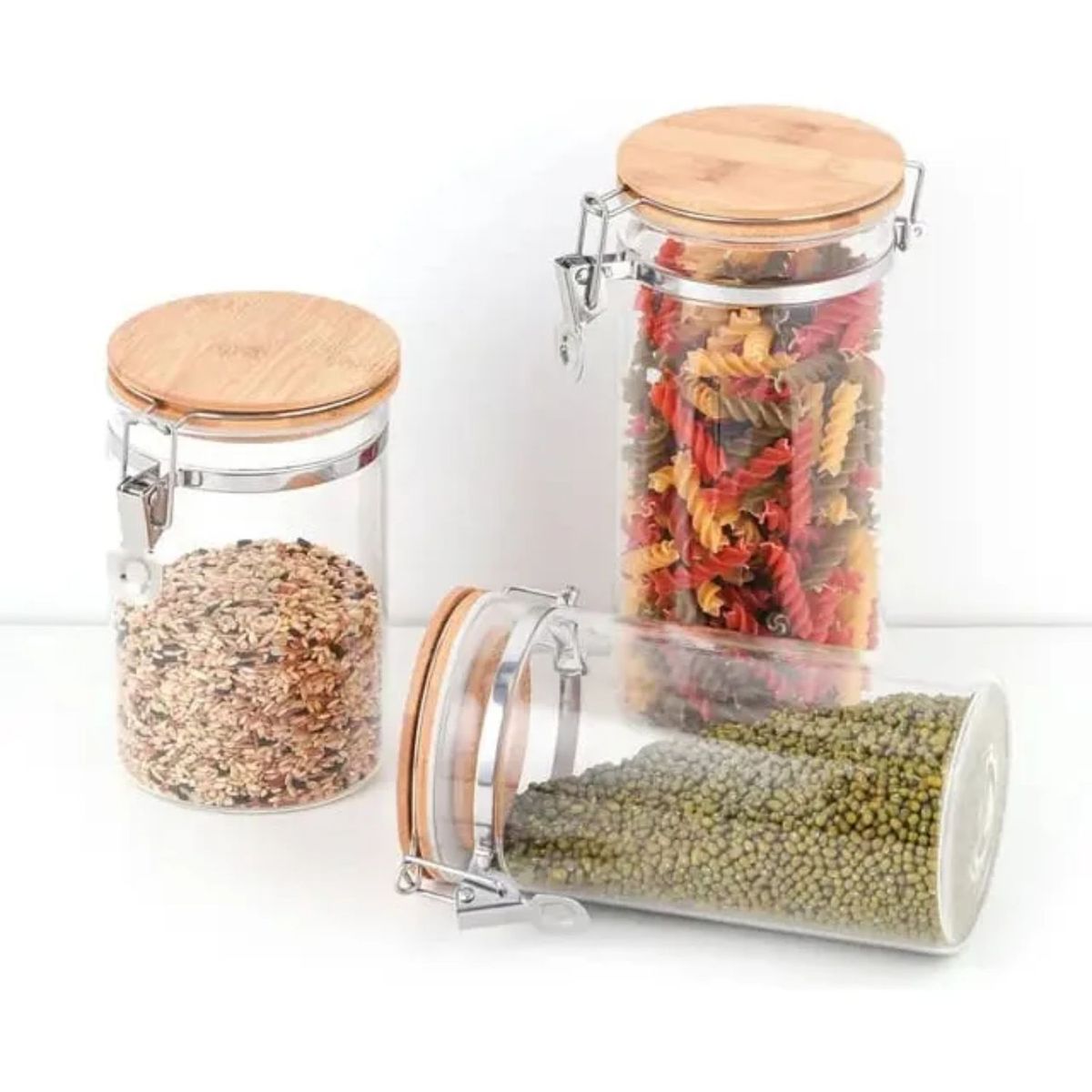 GENERICO - Set 4 Frascos Contenedores Hermeticos Vidrio Con Tapa Bambu