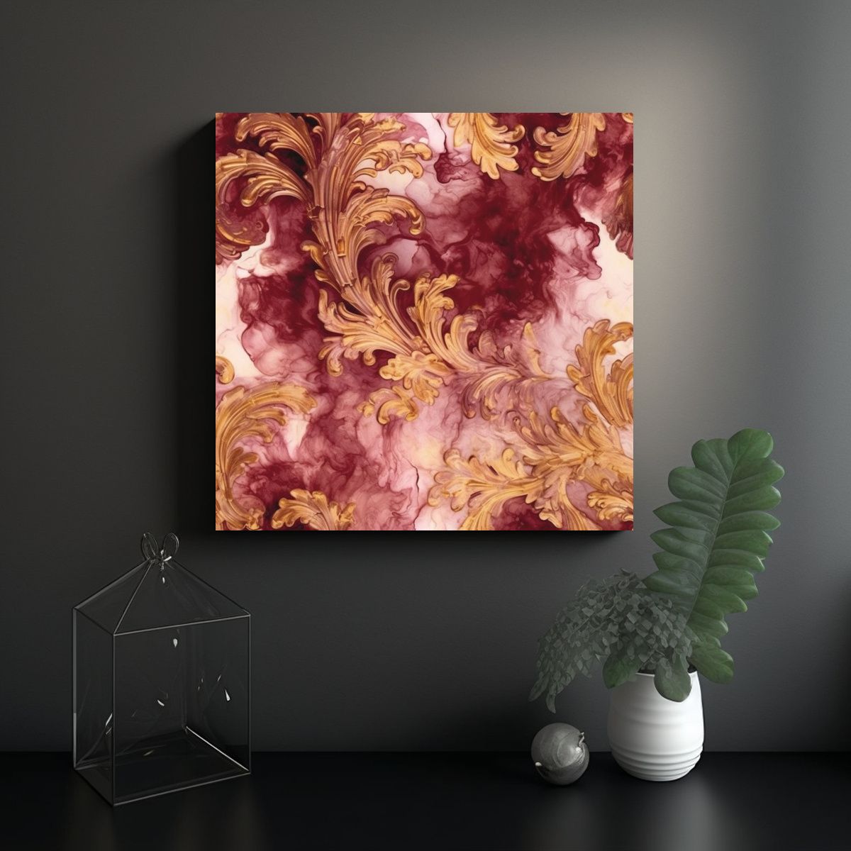 GENERICO - Cuadro Tela En Bastidor Maroon Y Oro Estilo 100x100 Cm