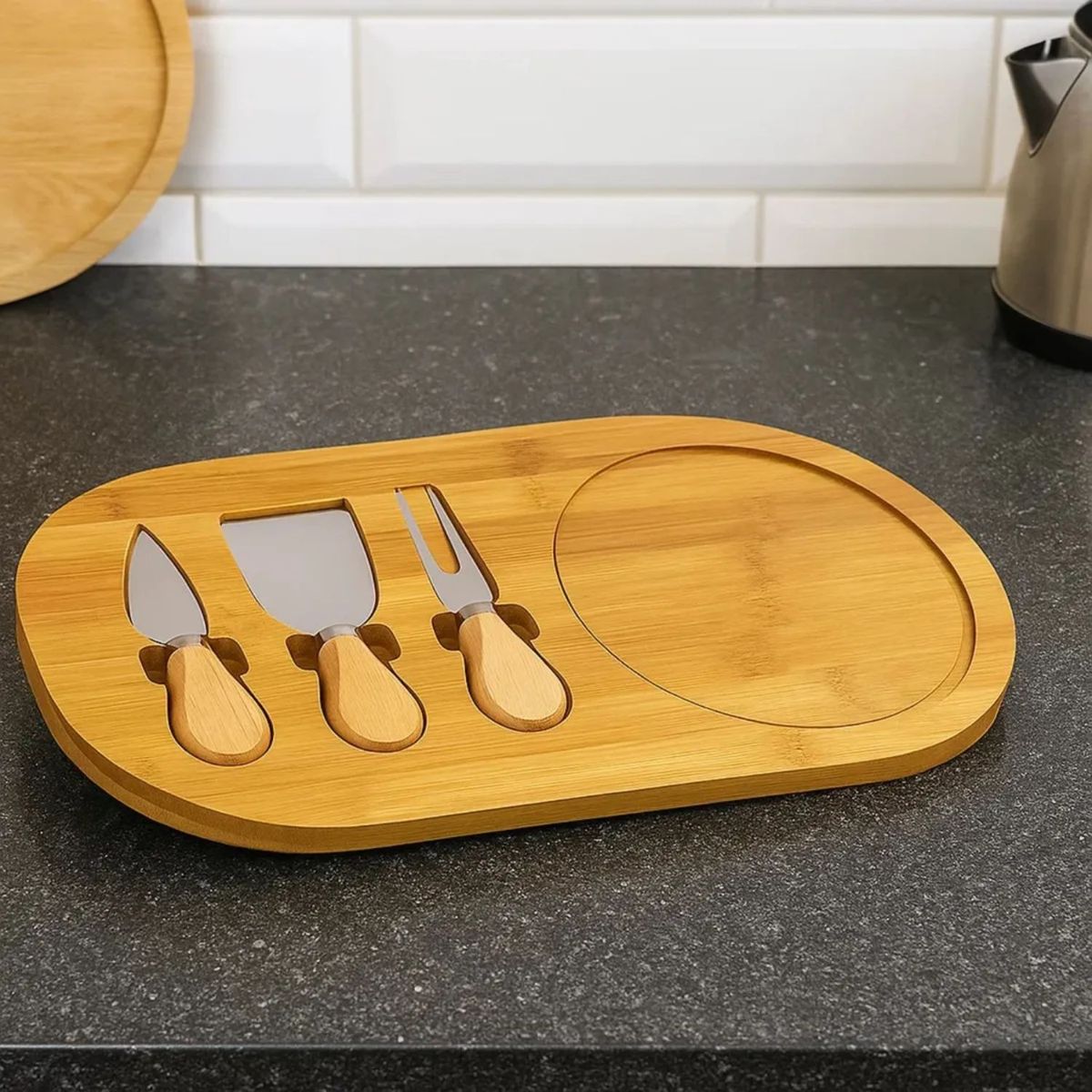 GENERICO - Tabla Quesos Aperitivos Bambú Cuchillos Tenedor Integrado