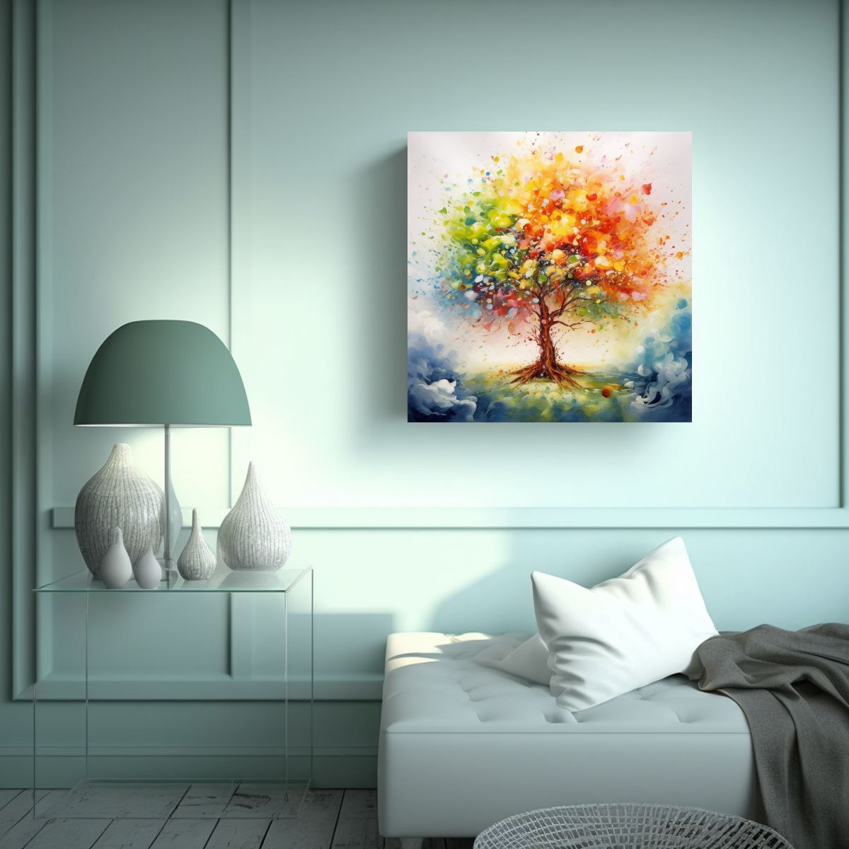 GENERICO - Cuadro Abstracto Acuarela árbol Naranja Colores 100x100 Cm