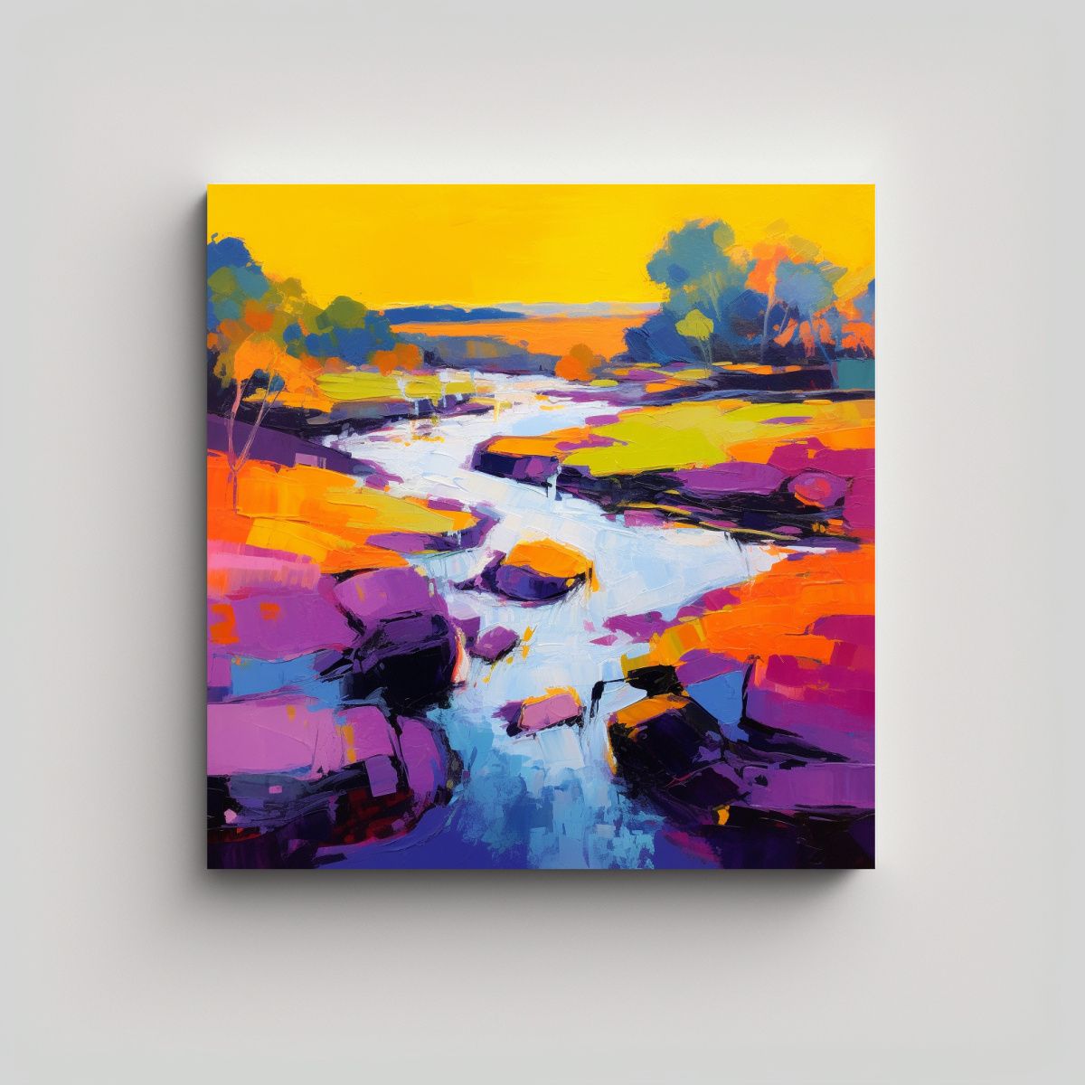 GENERICO - Pintura Acrílica Paisaje De Río Entre Montañas 100x100 Cm