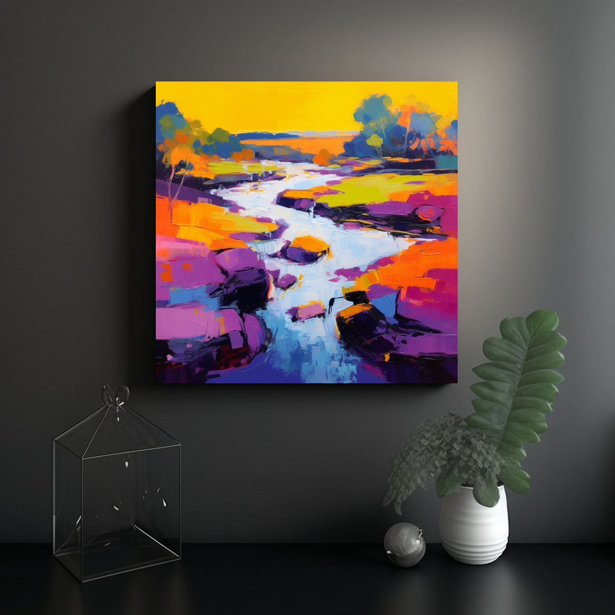 GENERICO - Pintura Acrílica Paisaje De Río Entre Montañas 100x100 Cm
