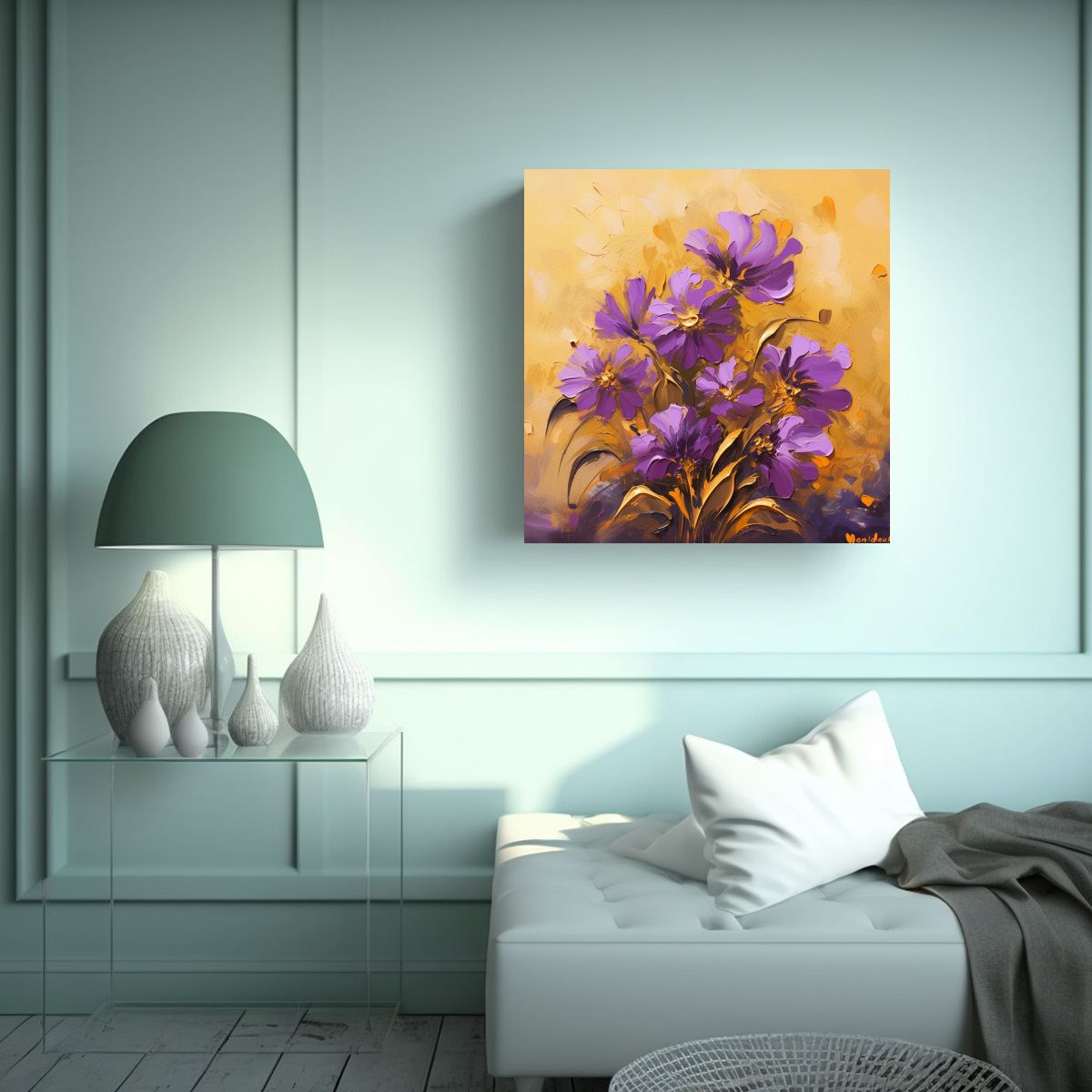 GENERICO - Pintura De Flores Moradas Y Doradas En Lienzo 100x100 Cm