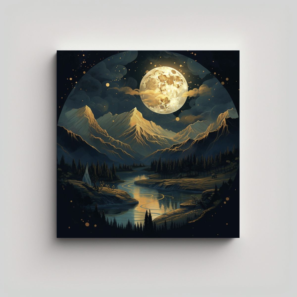 GENERICO - Cuadro En Bastidor Nocturno Con Luna Estrellas 100x100 Cm