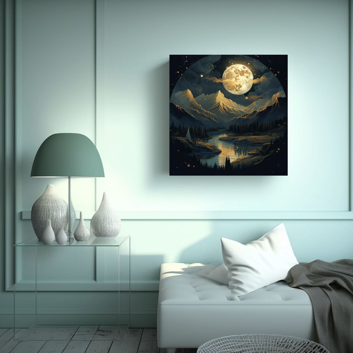 GENERICO - Cuadro En Bastidor Nocturno Con Luna Estrellas 100x100 Cm