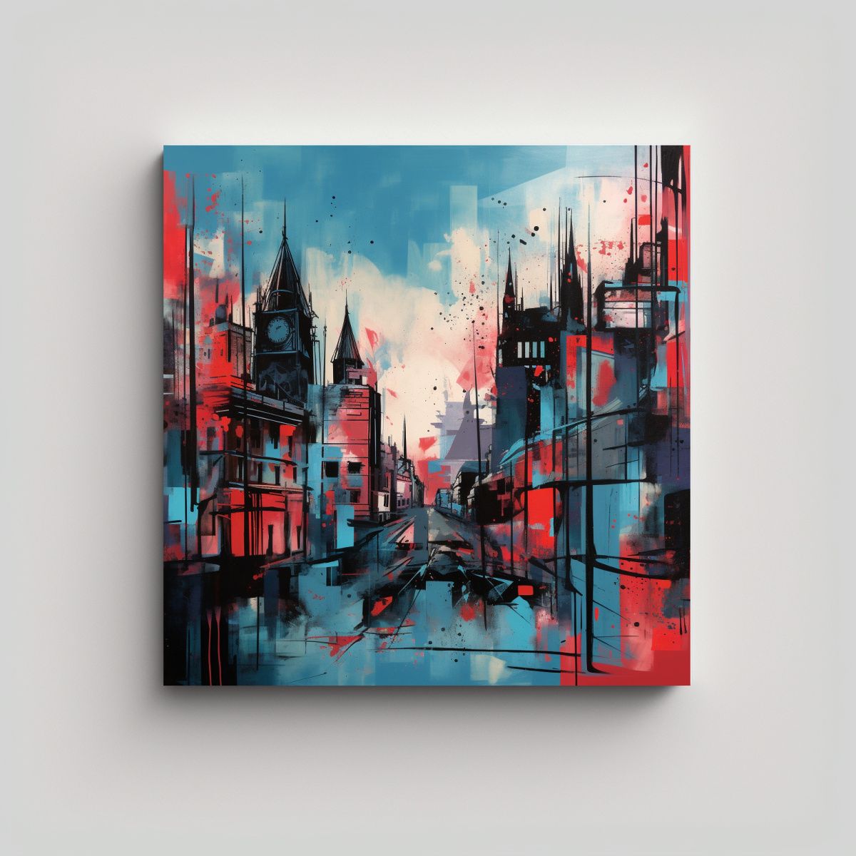 GENERICO - Cuadro Decorativo De Ciudad En Tonos Rojo Y Azul 100x100 Cm