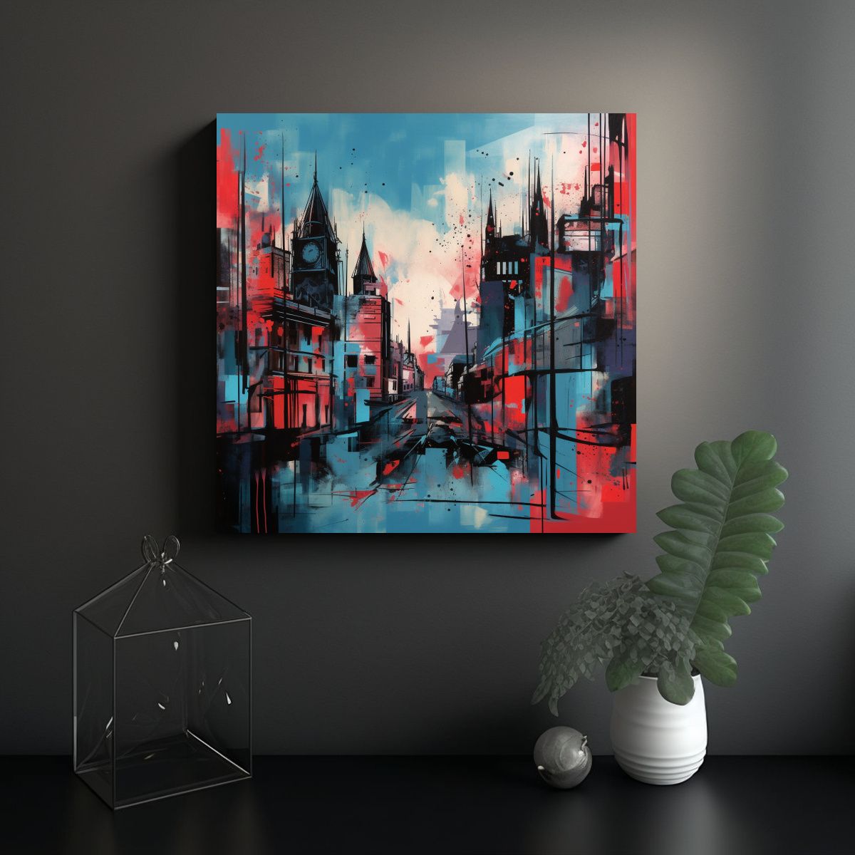 GENERICO - Cuadro Decorativo De Ciudad En Tonos Rojo Y Azul 100x100 Cm