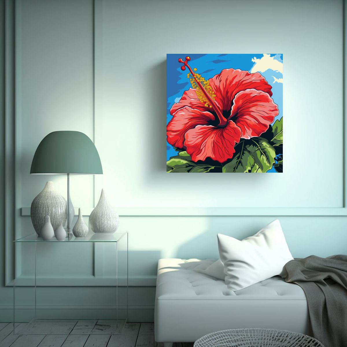 GENERICO - Exquisita Obra De Arte Hibiscus Pop Estilo Mural 100x100 Cm