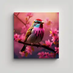 GENERICO - Cuadro De Pájaro Sobre Rama Con Flores Rosadas 100x100 Cm