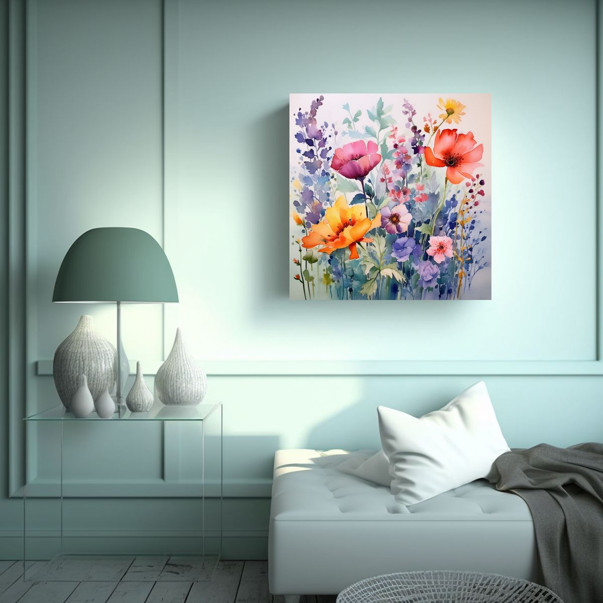 GENERICO - Cuadro Abstracto De Flores Acuarela Escenario 100x100 Cm