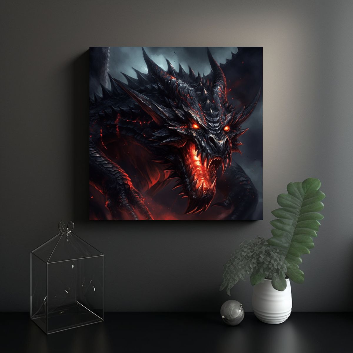 GENERICO - Cuadro De Dragón Negro Feróz Y Fuego Rojo En 100x100 Cm