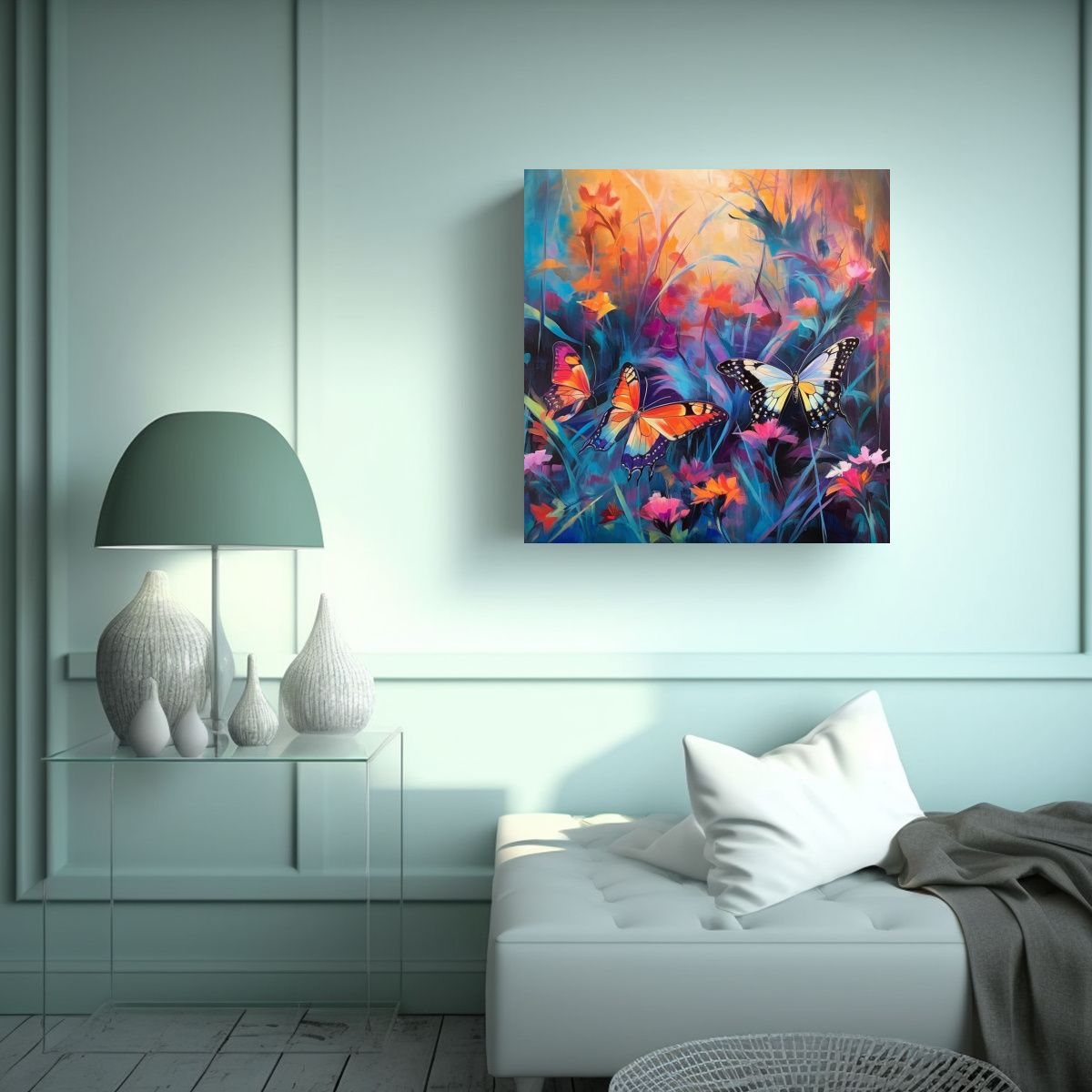 GENERICO - Pintura De Lienzo Acuarela Con Mariposas Neón 100x100 Cm