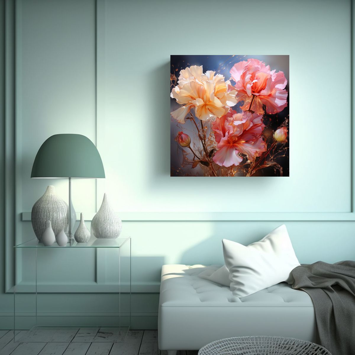 GENERICO - Pintura Abstracta De Flores De Claveles En Tonos 100x100 Cm