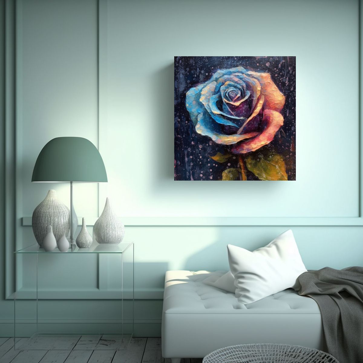 GENERICO - Cuadro Decorativo De Rosa Azul Con Gotas De Agua 100x100 Cm
