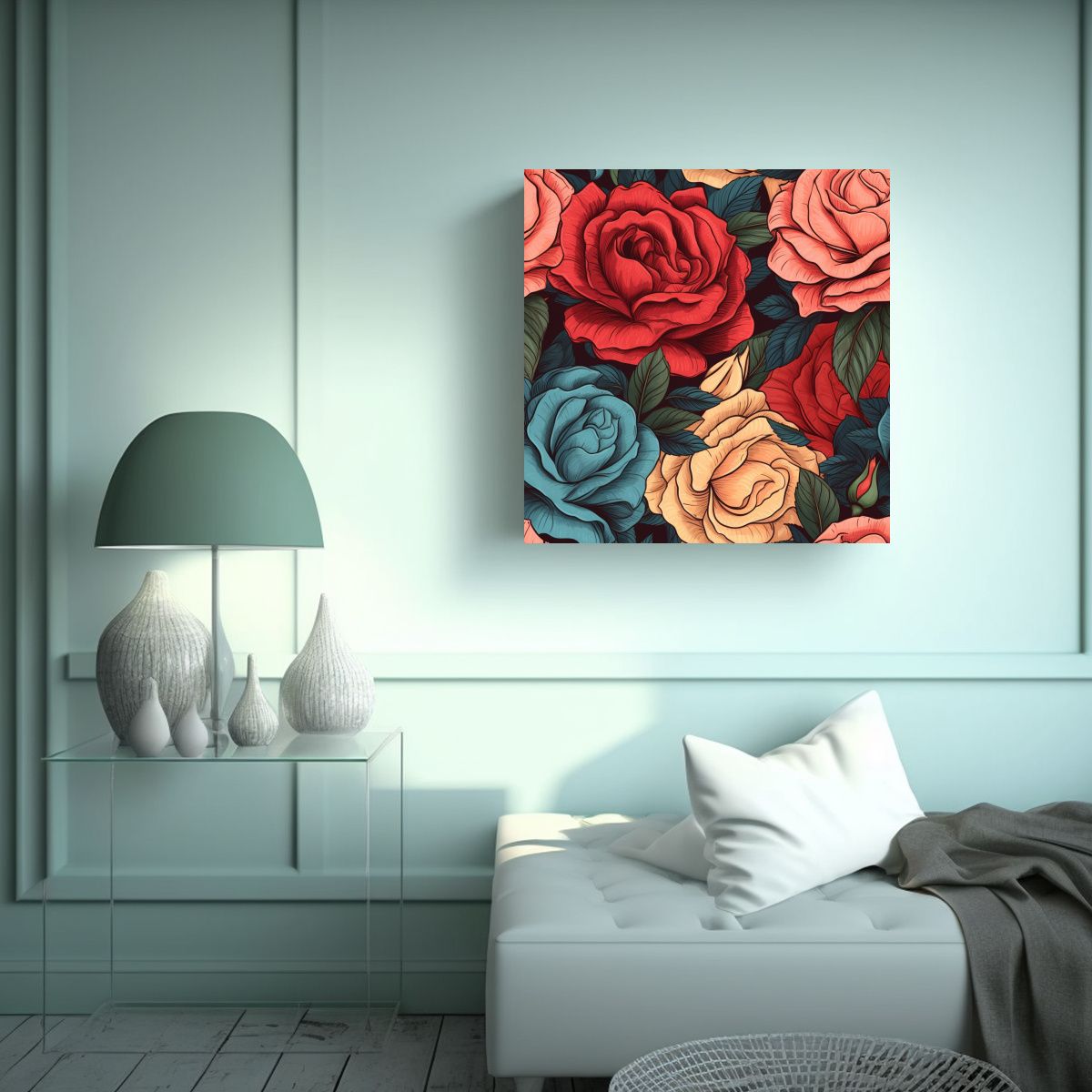 GENERICO - Cuadro Moderno Rectangular Con Rosas En Tela En 100x100 Cm