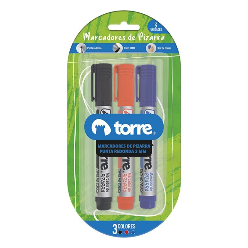 TORRE - SET 3 MARCADORES PIZARRA PTA REDONDA NEGRO  ROJO  AZUL  TORRE