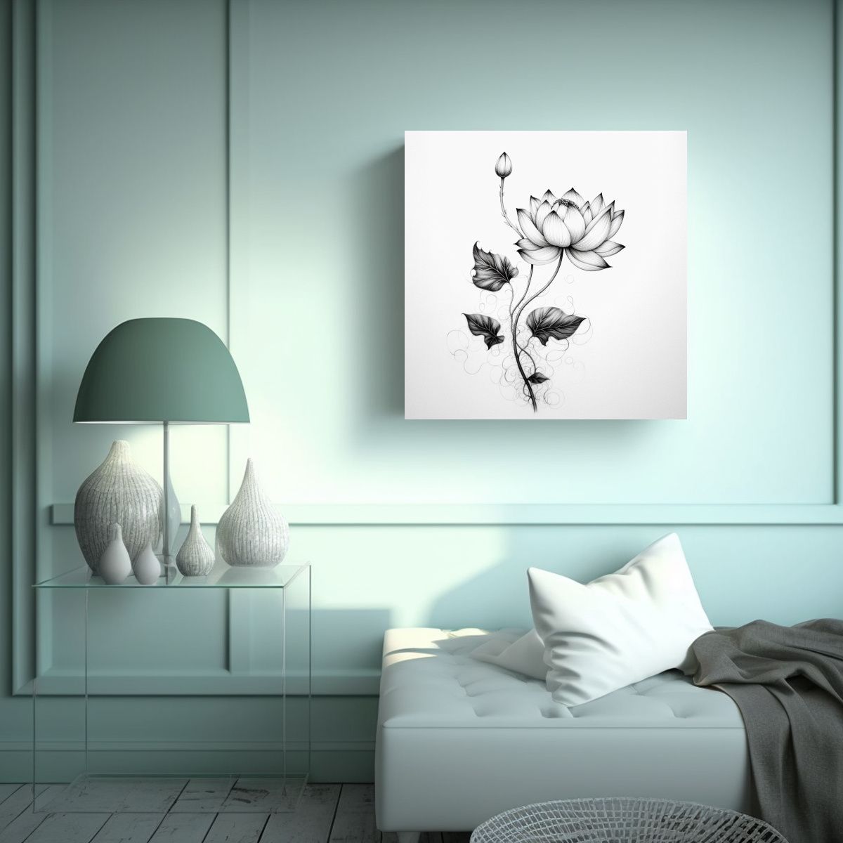 GENERICO - Canva Moderno Clásico Dibujo Tinta Loto Flor En 100x100 Cm