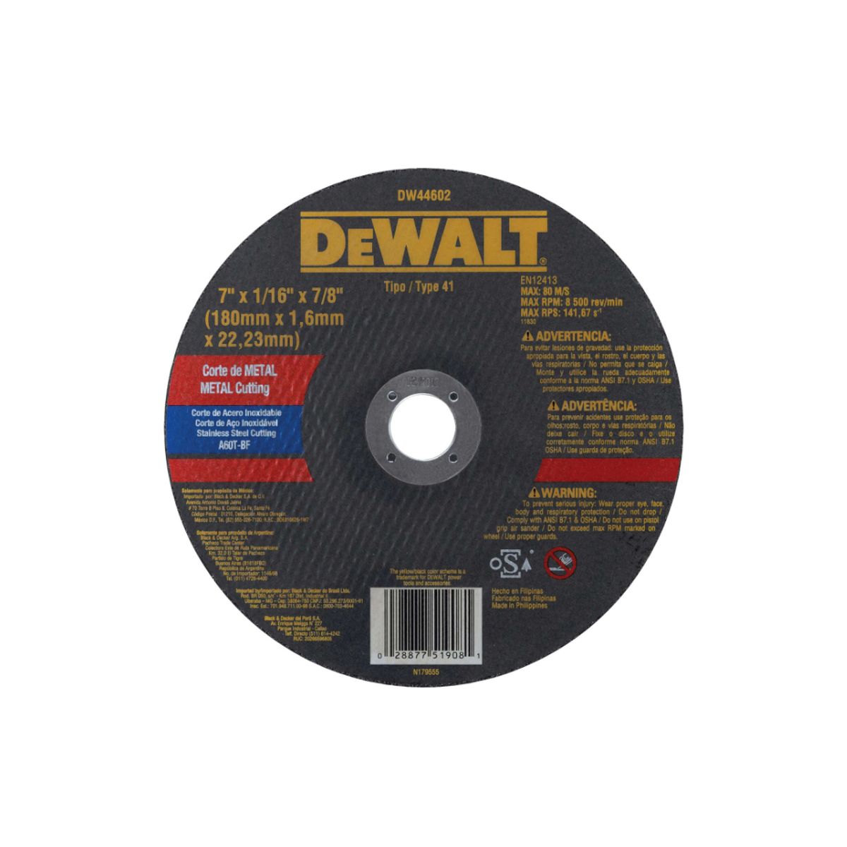 DEWALT - Pack 5 Disco Corte Metal 7 X 1/16'' X 7/8'' Dw44602 Dewalt Negro