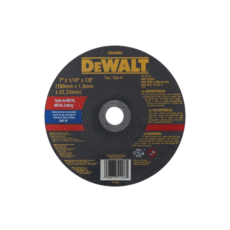 DEWALT - Pack 5 Disco Corte Metal 7 X 1/16'' X 7/8'' Dw44602 Dewalt Negro