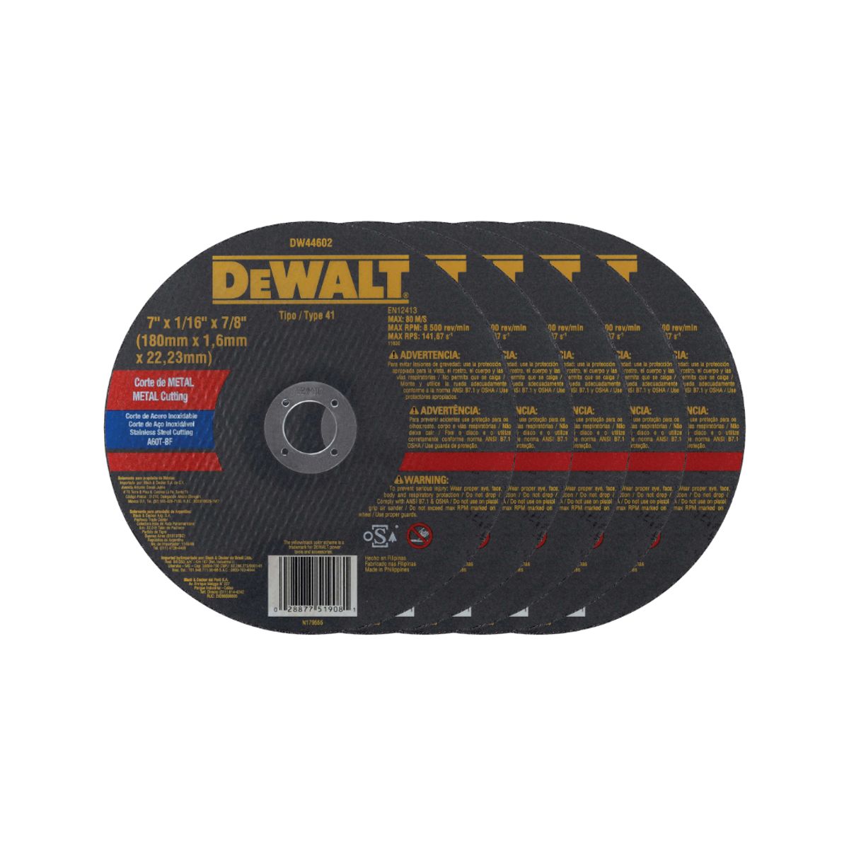 DEWALT - Pack 5 Disco Corte Metal 7 X 1/16'' X 7/8'' Dw44602 Dewalt Negro