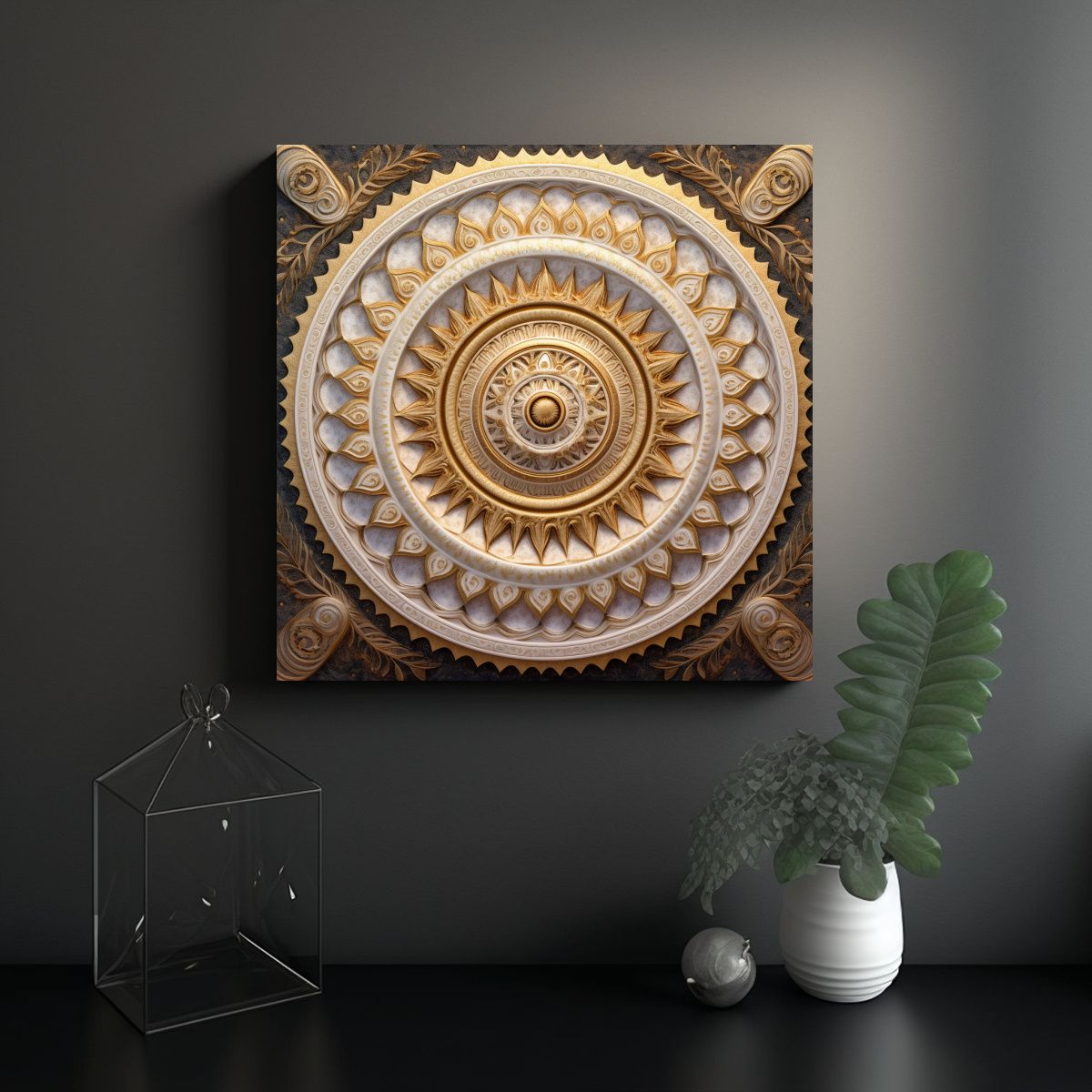 GENERICO - Cuadro Decorativo Espiral Blanco Y Dorado 100x100 Cm