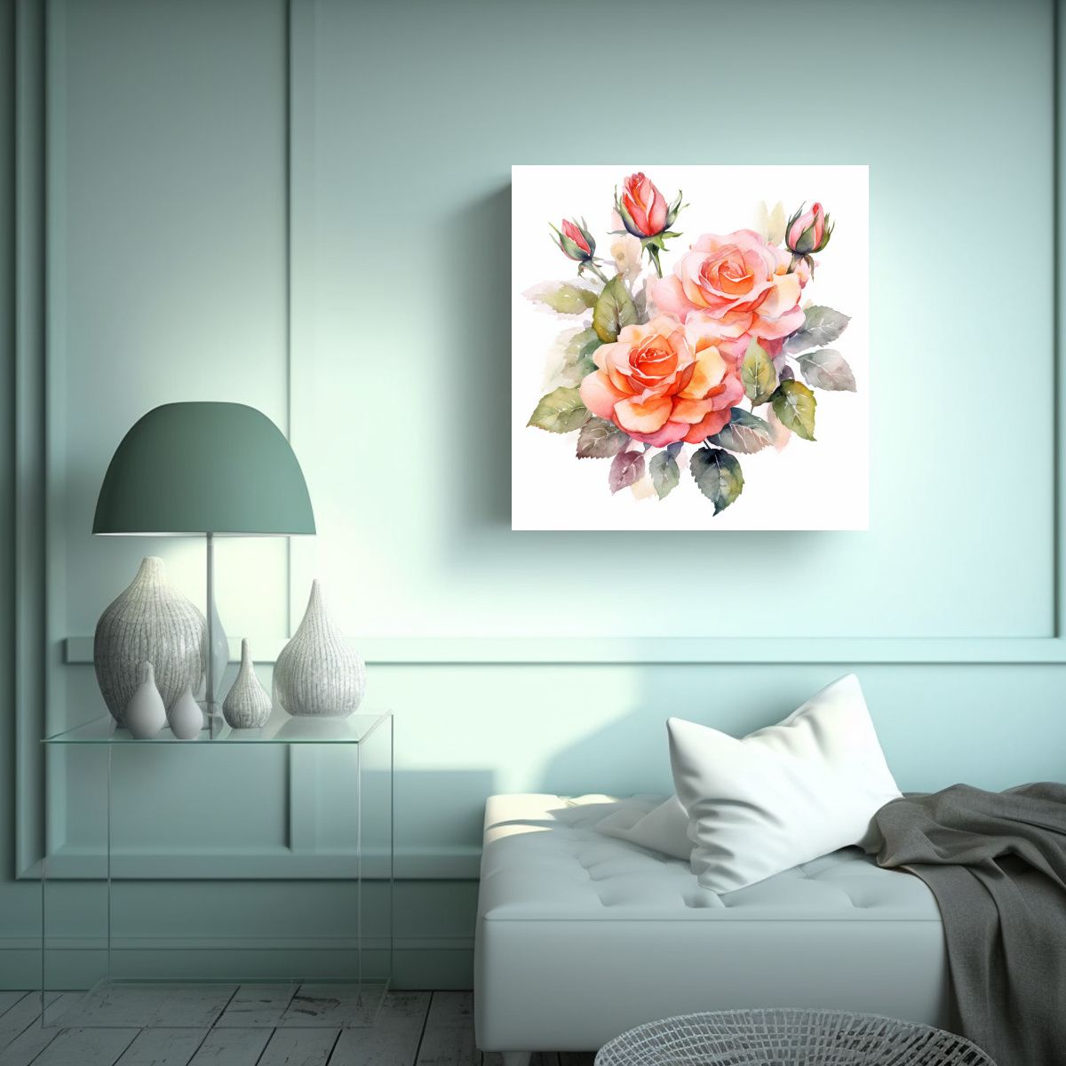 GENERICO - Rosa Floración Acuarela Ilustración Arte 100x100 Cm